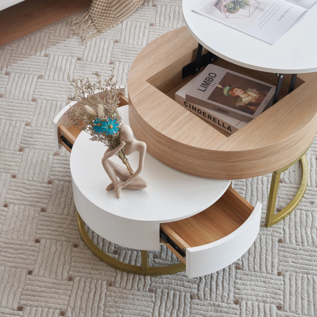 OKWISH Tavolini da Salotto Impilabili Rotondi con Piano Sollevabile e Cassetto, Struttura in Metallo Dorato, Bianco