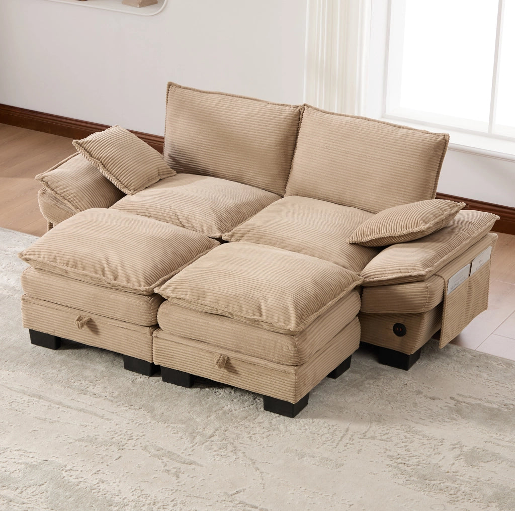 Divano modulare 2 posti in corduroy khaki con 2 pouf; porta USB-C e tasche laterali