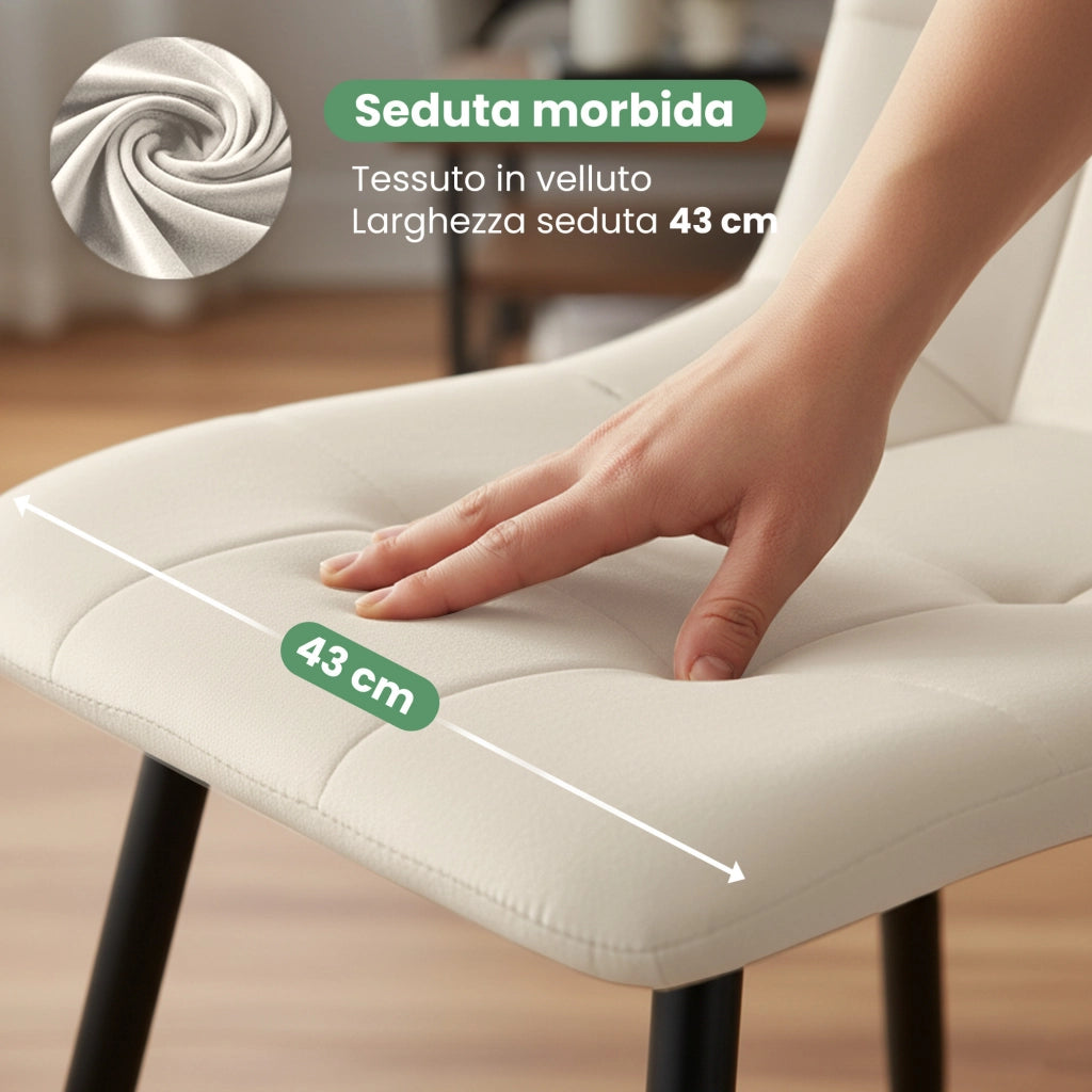 Set di 6 Sedie in velluto trapuntate NERO Beige gambe nere