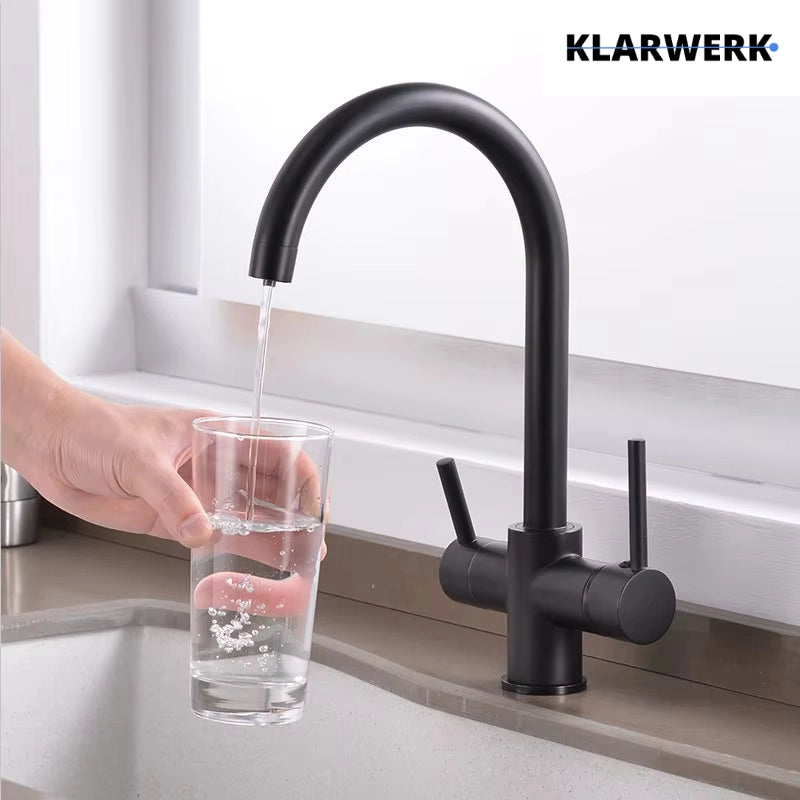 JULIE | Rubinetto per acqua potabile a 3 vienero opaco|da cucina ad osmosi in acciaio inossidabile  miscelatore: ruotabile a 360°|Filtra 3 connessioni