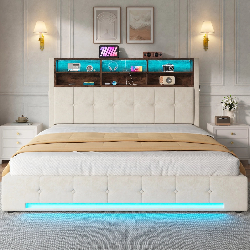 Letto imbottito 160x200 cm idraulico con LED USB colore beige in metallo e velluto
