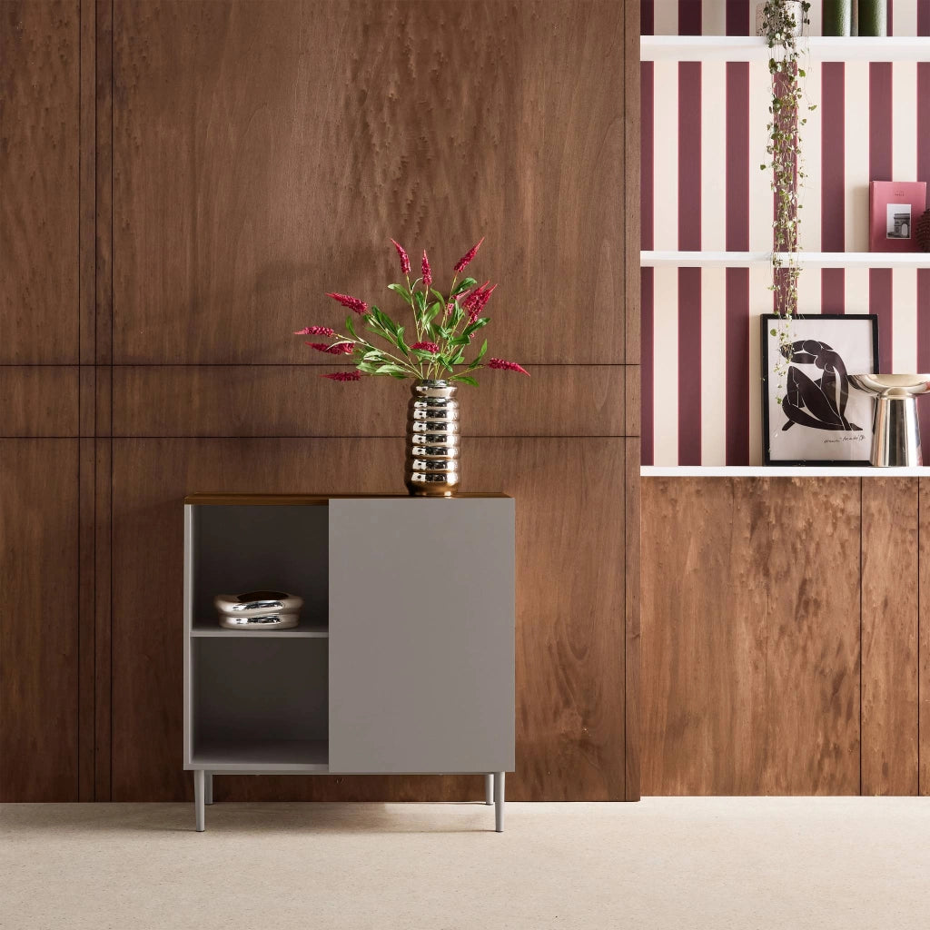 Credenza in metallo e decorazione in legno 1 anta, 80cm, grigio