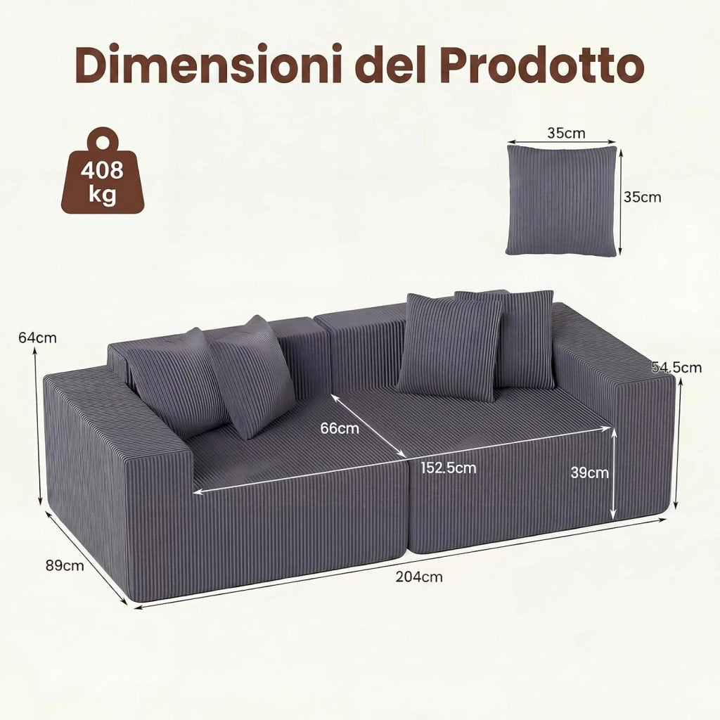Divano Letto 2 Posti 204 X 89 X 64 CM, Divanetto da Pavimento Imbottito con 4 Cuscini, Velluto a Coste e Schiuma ad Alta Elasticità, Divano Modulare con Braccioli Comodi per Soggiorno