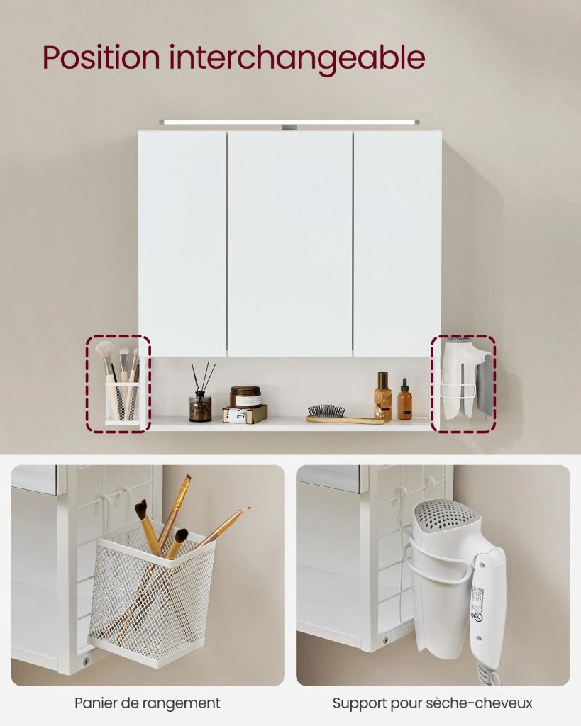 Mobiletto da bagno sospeso con specchio 14,5 x 70 x 70 cm con luce LED 3 ante ripiano regolabile portaphon stile moderno chic bianco 12_0004038