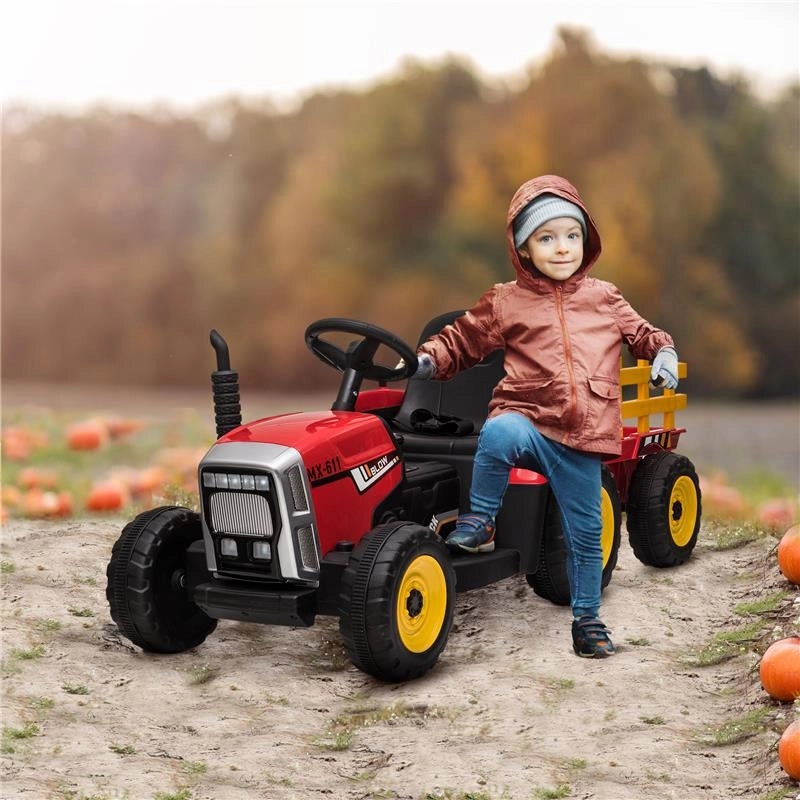 TRATTORE ELETTRICO PER BAMBINI 3-6 ANNI CON RIMORCHIO RIMOVIBILE, BATTERIA 12V E TELECOMANDO, ROSSO