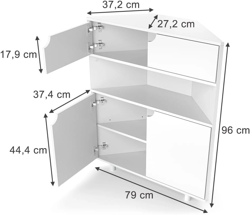 Credenza Inaro, Bianco, 79 x 96 cm con 4 scomparti, adatto per essere riposto in modo salvaspazio negli angoli della stanza