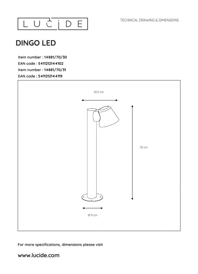 Lampada da esterno Lucide Dingo 70cm GU10 IP44 3000K