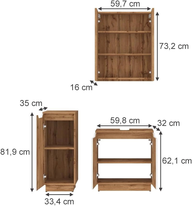 Set di mobili da bagno Lotta, Bianco, 59.8 cm, composto da mobile sottolavabo, specchiera e mobile medio