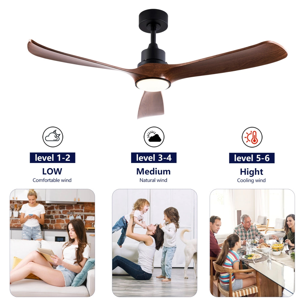 Ventilatore da soffitto 52 pollici con luce e telecomando; 3 pale in ABS; nero e noce scuro