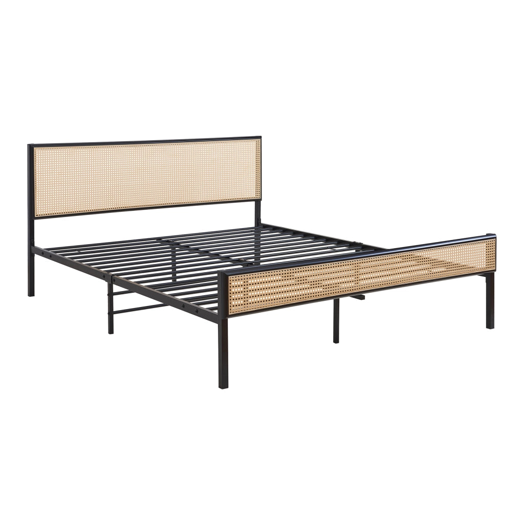 Letto Matrimoniale Linköping in Metallo Nero con Testiera e Pediera Effetto Rattan 160x200 cm [en.casa]