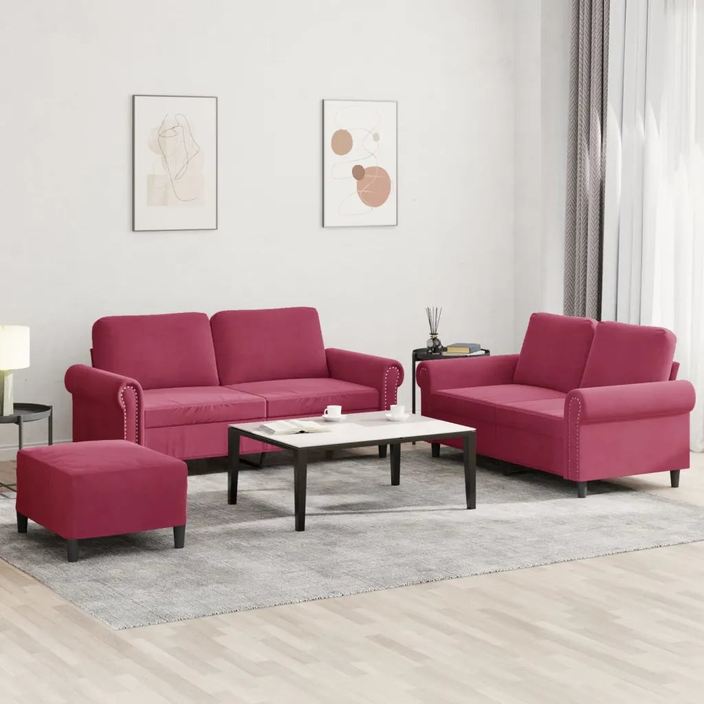 Set di Divani 3 pz con Cuscini Rosso Vino in Vellutocod mxl 131052