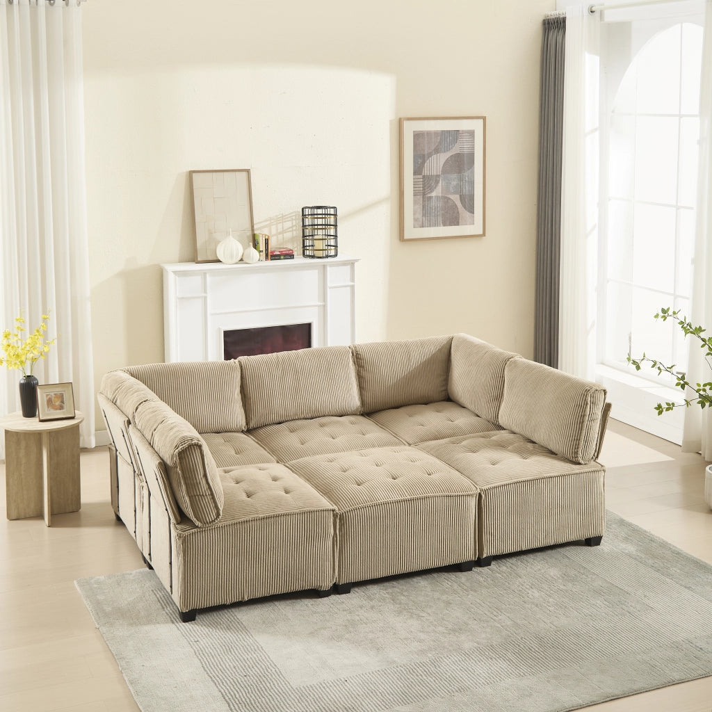 Divano Modulare 6 Posti con Tasche Laterali e Schienale Ergonomico in Velluto a Coste Cachi