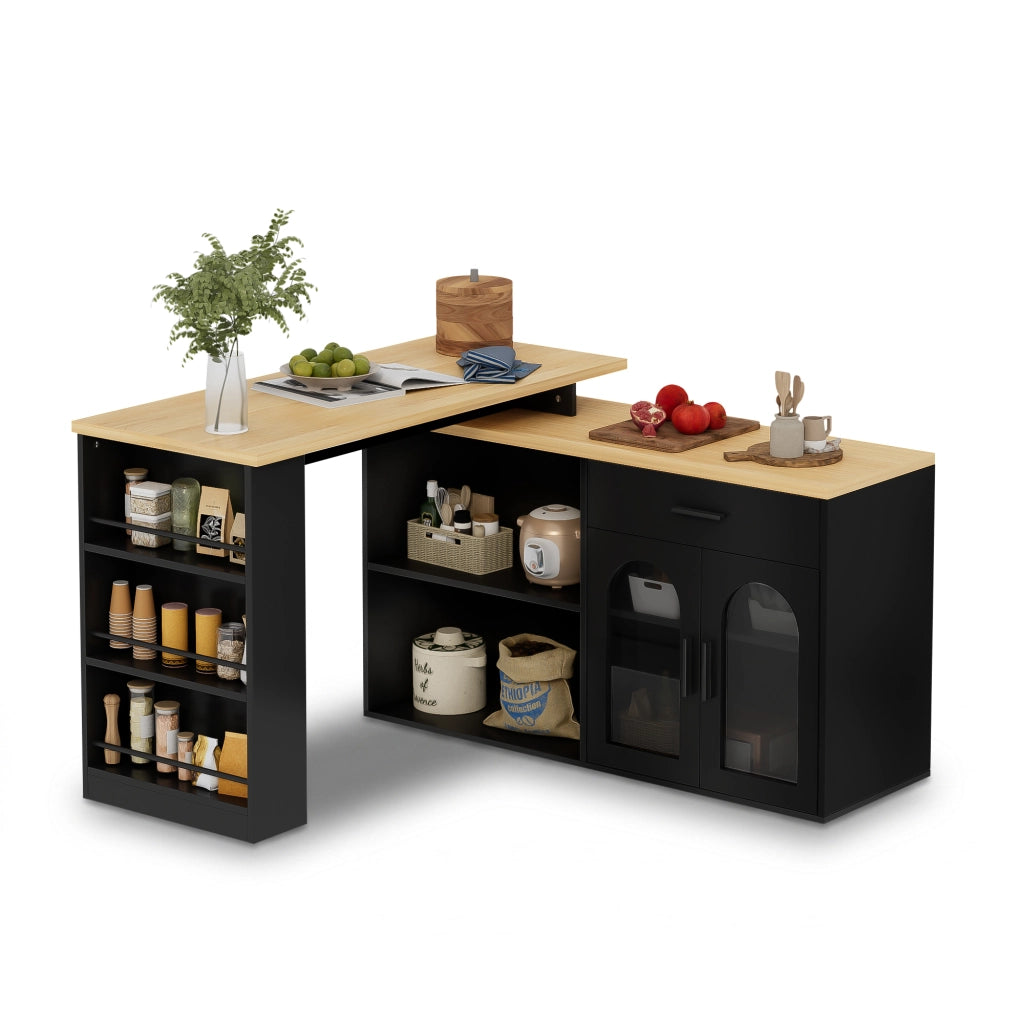 Isola da Cucina 136x50x78 cm Nera e Legno con Tavolo Girevole 360°, Cassetto, Ripiani e Vetro