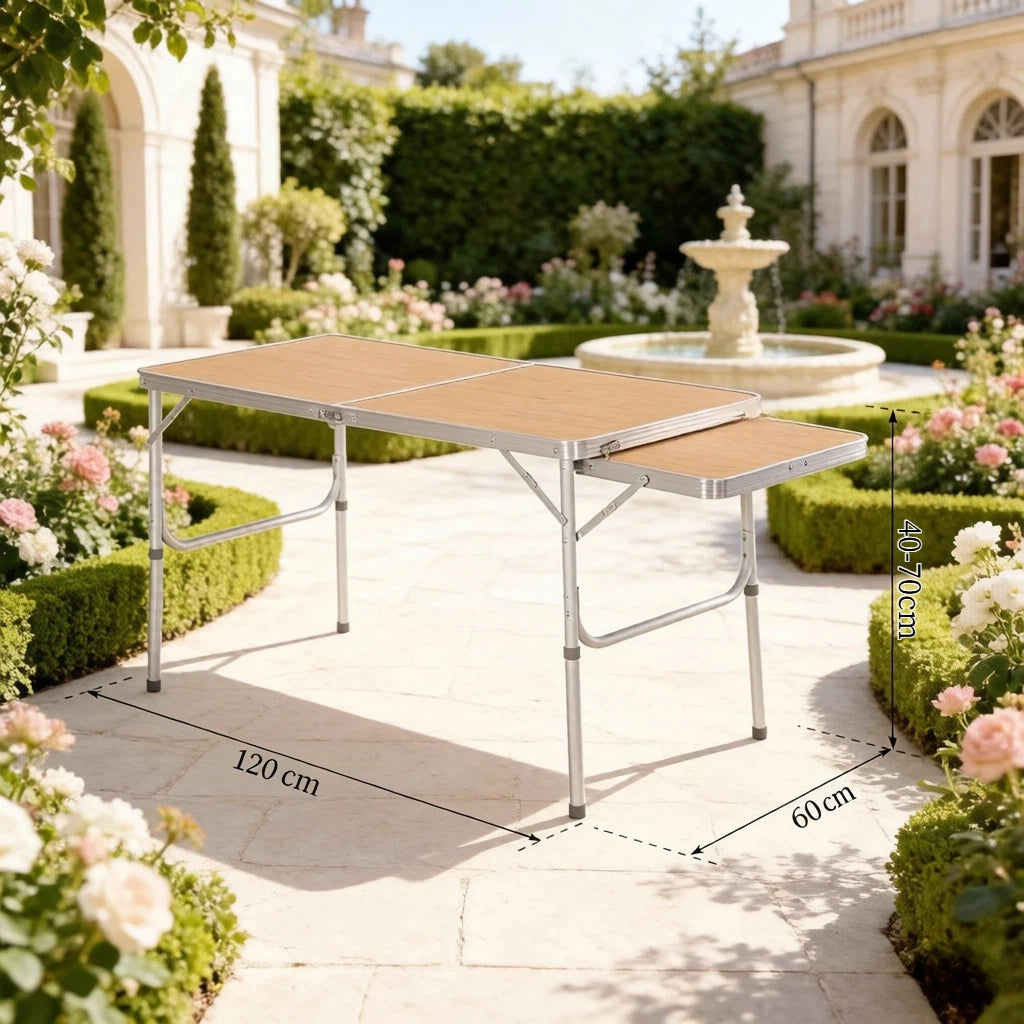 Tavolo da campeggio pieghevole con ripiano estensibile altezza regolabile 2 livelli in alluminio MDF multicolor