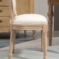 Set 2 Sedie Imbottite da Pranzo, Sedie per Soggiorno Stile Vintage Rétro in Legno e Tessuto Effetto Lino Bianco Panna 49x56x96cm