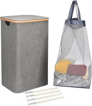 Wascatela 100L con coperchio, vaschetta migliorata con coperchio rimovibile e sacchetti per la lavanderia, vaschetta con coperchio e maniglia in bambù, vaschette con grande capacità colore grigio