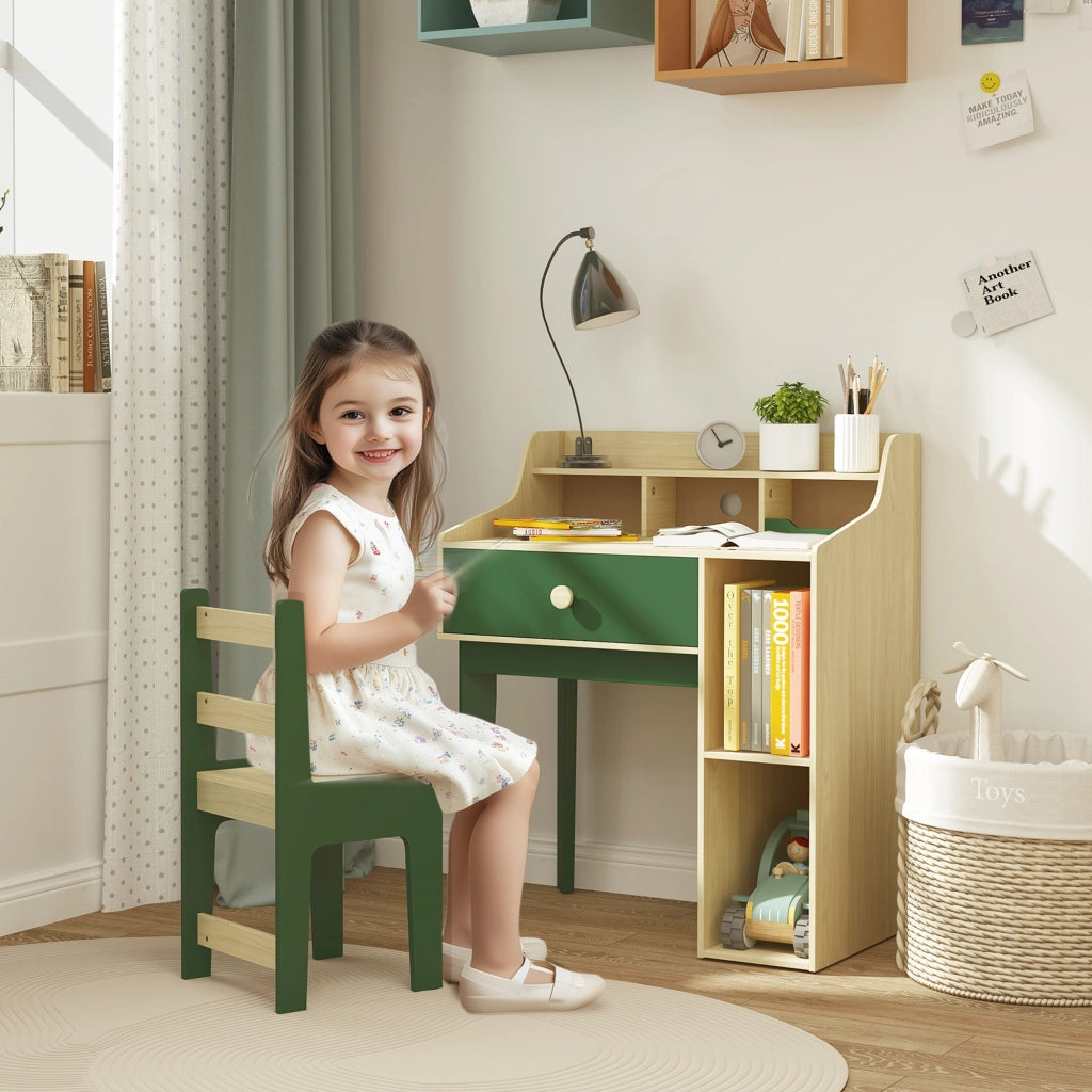 Scrivania per bambini con sedia, scaffale e cassetto ¨C ZephMum ¨C Verde 90x50x75 cm