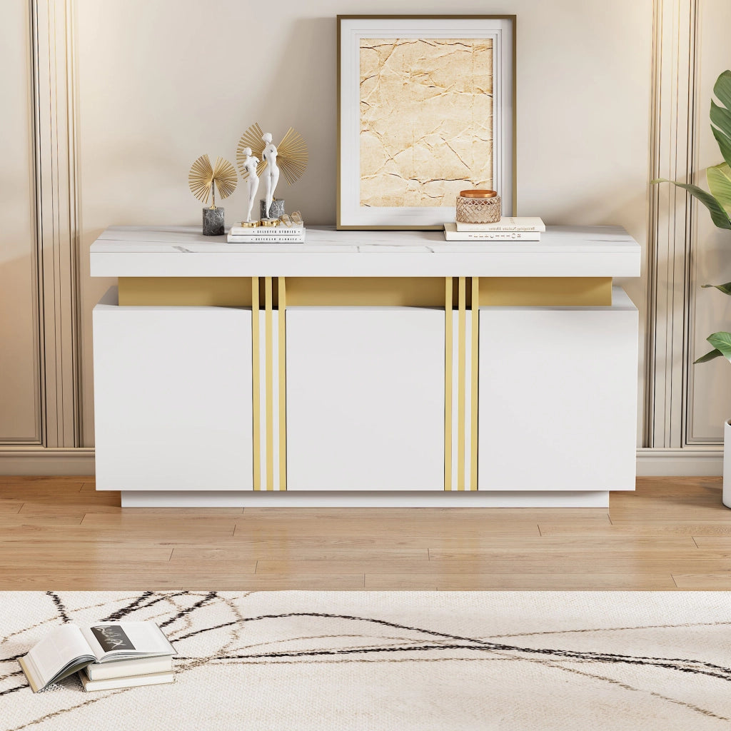 Credenza con 3 Ante e 6 Scomparti; Ripiani Regolabili; Effetto Marmo; in Pannello di Particelle; Bianco; 140??38??70 cm