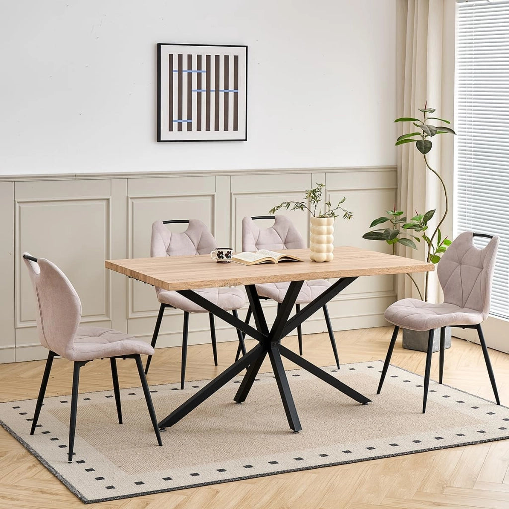 GrandCA HOME Set Tavolo e Sedie da Pranzo da 5 Pezzi, Tavolo Quadrato da 140 cm, 4 Sedia Imbottita in Lino, Adatto per Cucine, Sale da Pranzo e Soggiorni (Legno Chiaro + Beige)