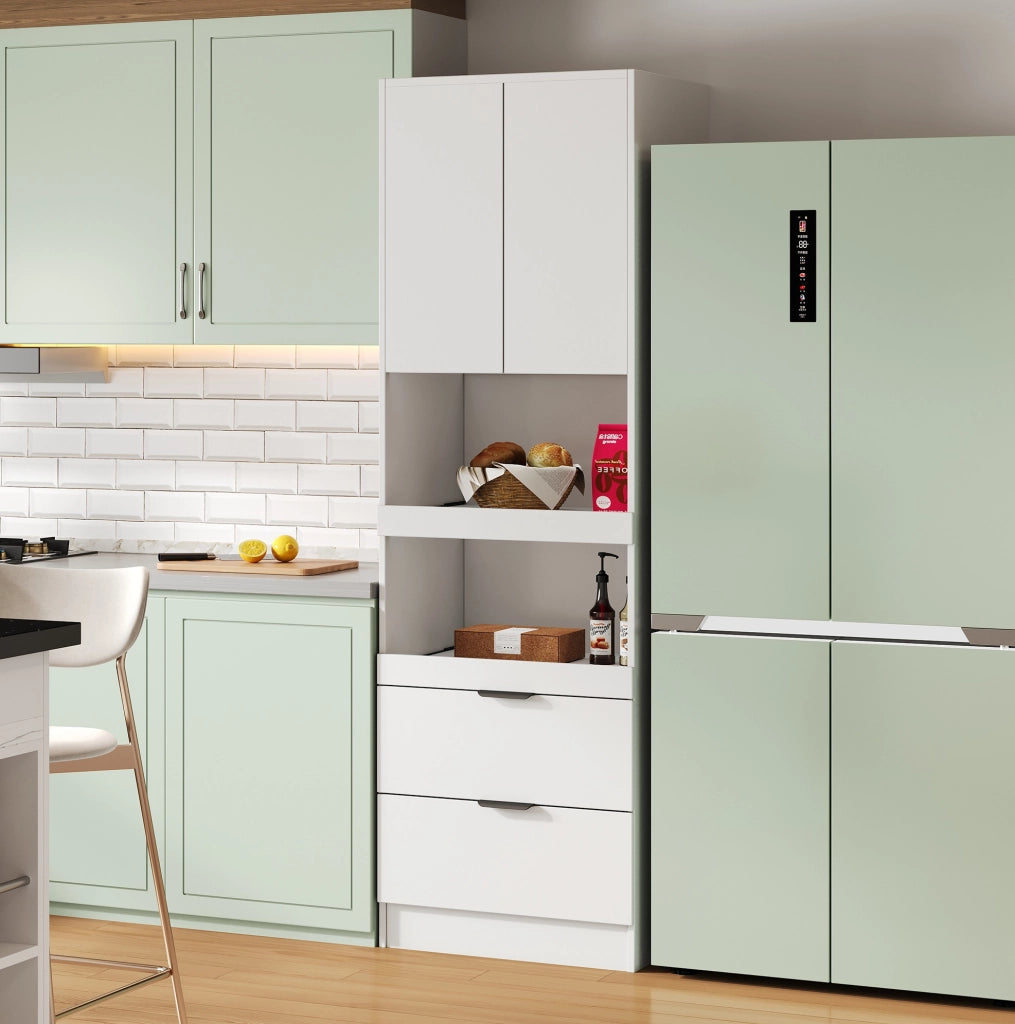 Armadio dispensa cucina bianco 200 cm con ripiani aperti e 2 cassetti