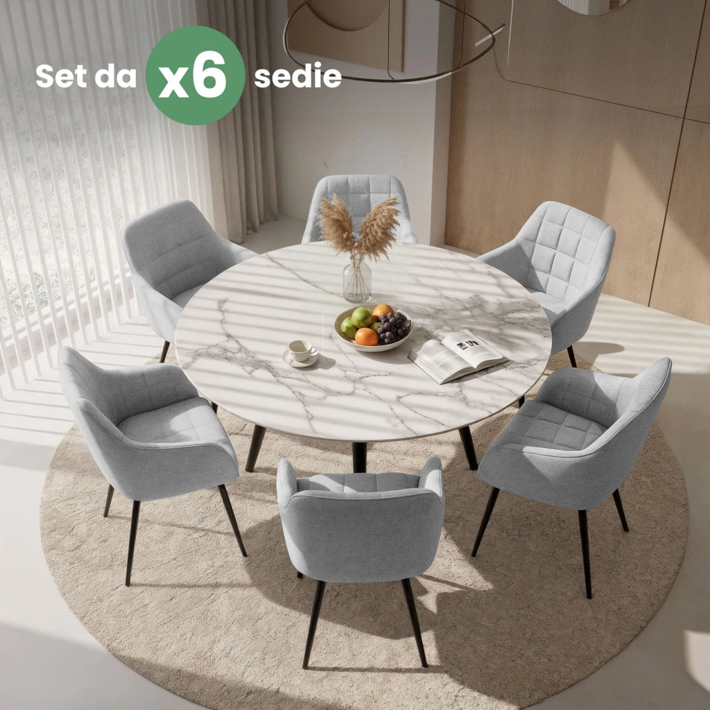 Set di 6 Sedie imbottite con cuciture quadrate LUXANO Grigio Chiaro gambe nere tessuto Lumos