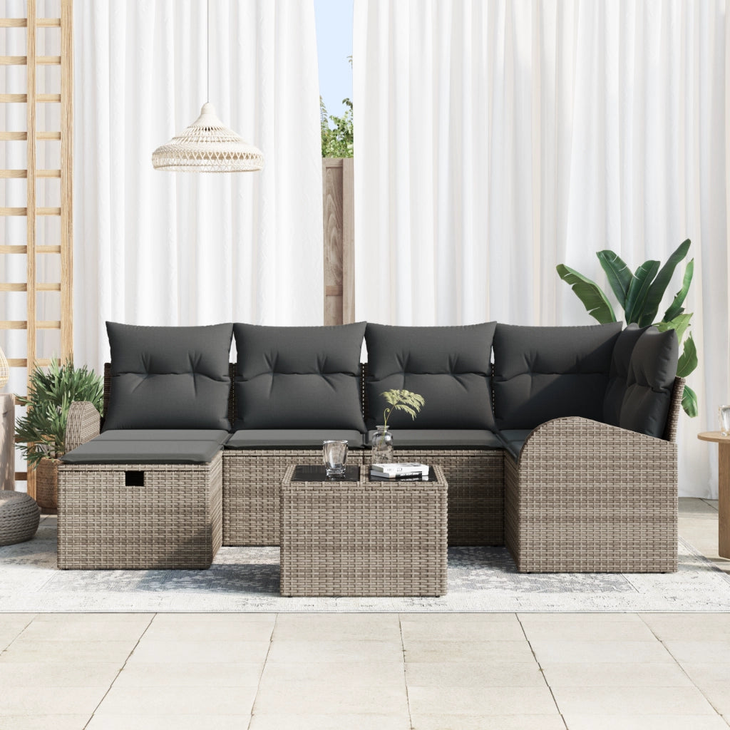 Set divano da giardino a 7 pezzi con cuscini grigi in rattan polietilene