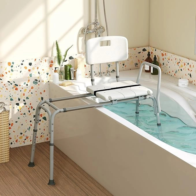 Sedia per Doccia Anziani con Posizione e Altezza Regolabili 105 x 49 x 85-95 cm, Sgabello per Vasca da Bagno con Sedile, Schienale, Braccioli e Cintura di Sicurezza, Sedia per Donne Incinte