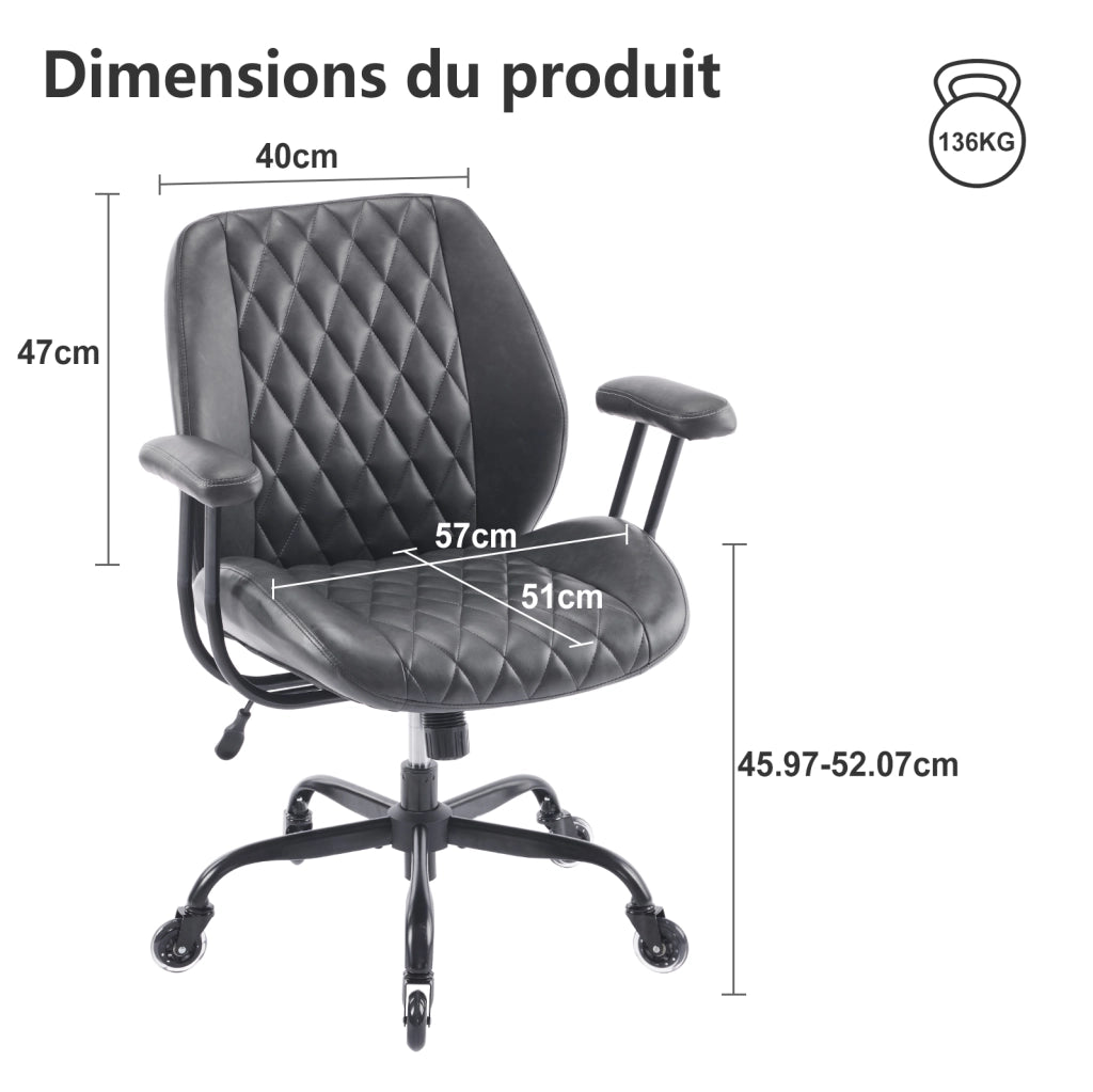 Sedia ergonomica da ufficio in pelle nera con braccioli removibili e ruote silenziose