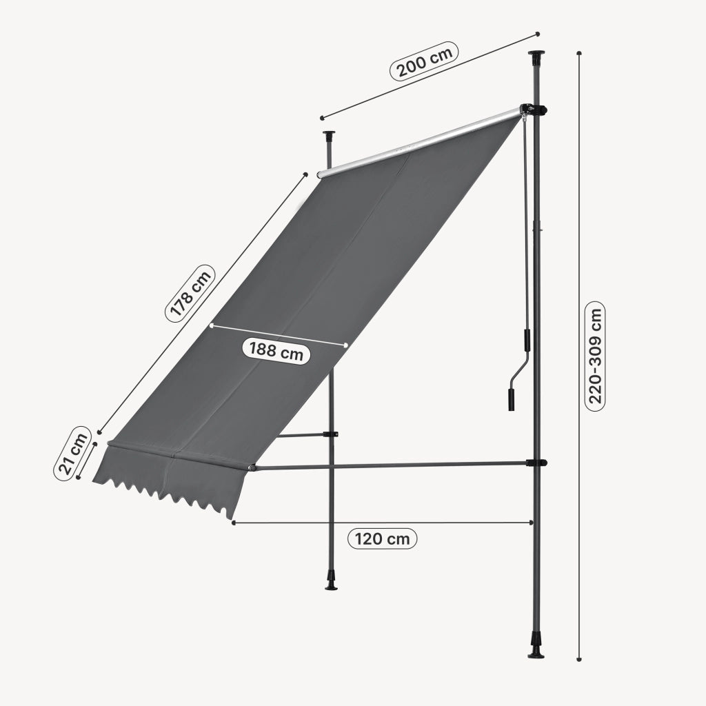 Tenda da Sole a Muro con Pali di Supporto Telescopici Parasole 200 x 120 cm (LxP) Grigio pro.tec