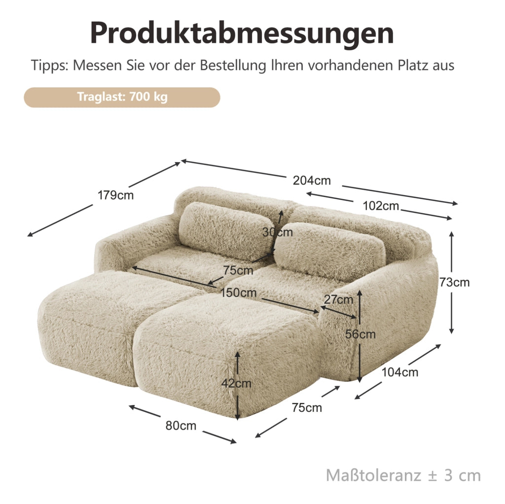 Divano modulare 2 posti con 2 pouf in tessuto peluche; kaki chiaro