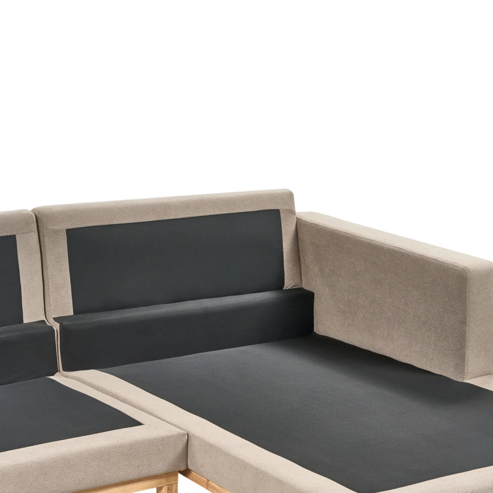 Divano angolare sinistro Tappezzeria in poliestere tortora Gambe in legno Elegante
