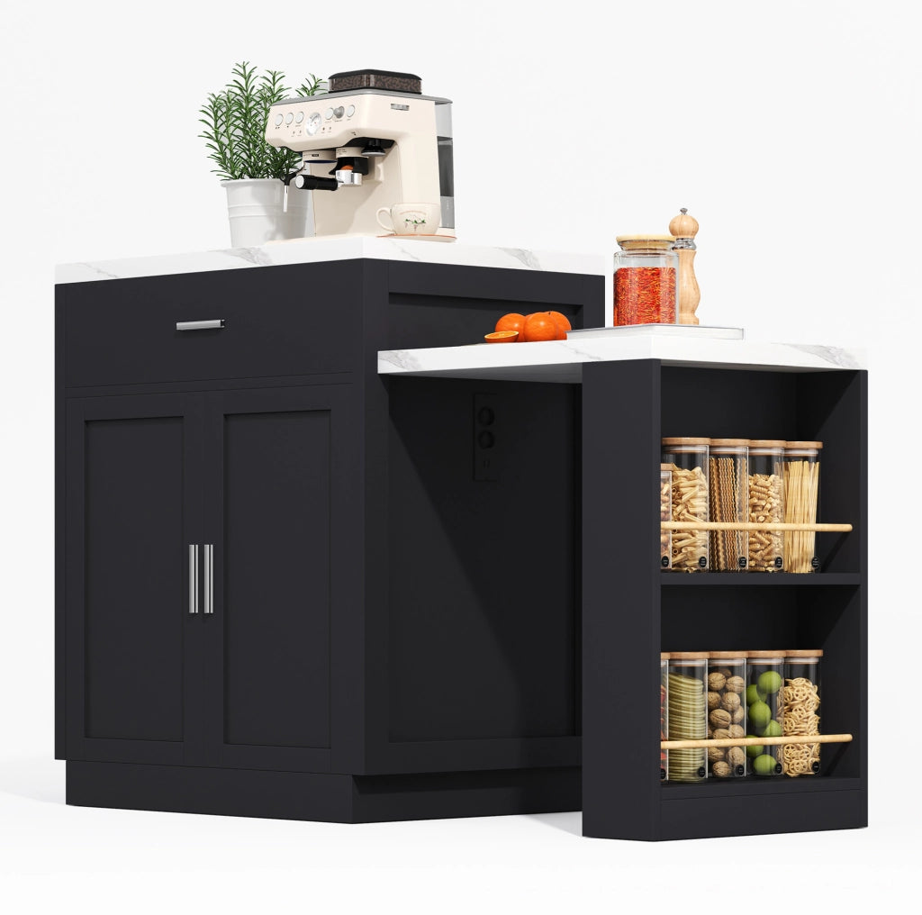 Isola cucina con tavolo estraibile per 2-6 persone, prese USB, 2 cassetti e ripiani, MDF nero