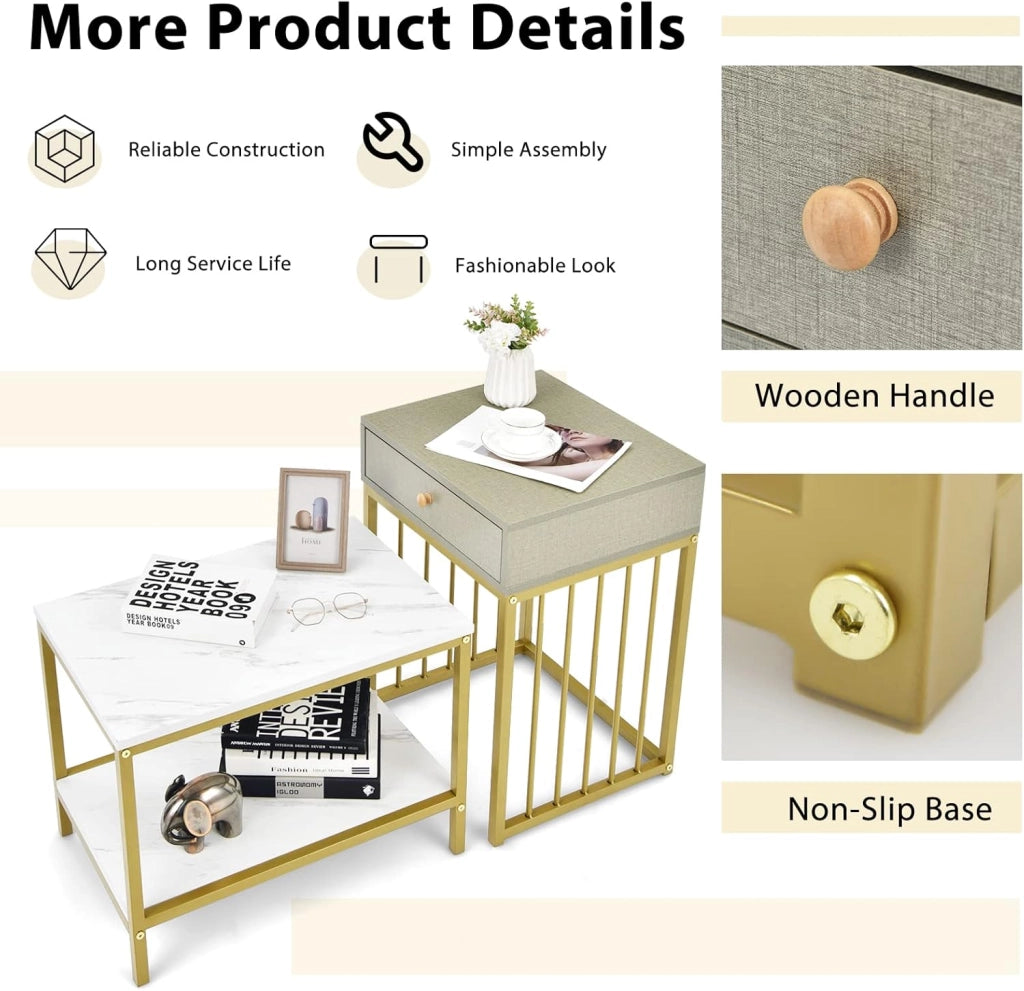 Set di 2 Tavolini con Cassetti, Tavolo da Soggiorno Annidabile, Comodino in Metallo Dorato, Tavolino da Caffè dal Design Elegente e Moderno, Ideale per Soggiorno, Camera da Letto