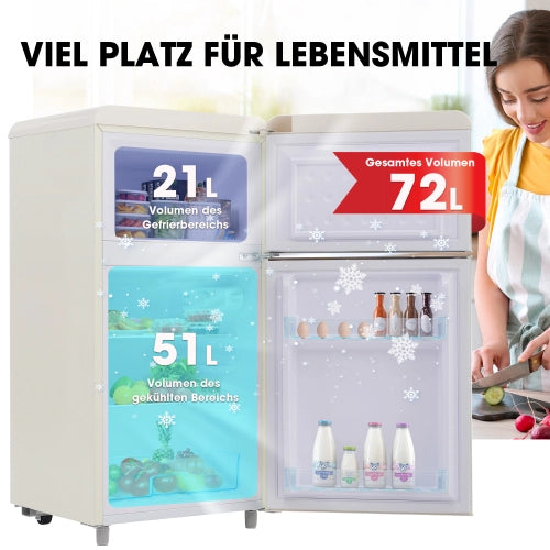 Frigorifero retrò; frigorifero a doppia porta; volume totale 72L; congelatore 21L; luce LED; efficiente energetico; bianco