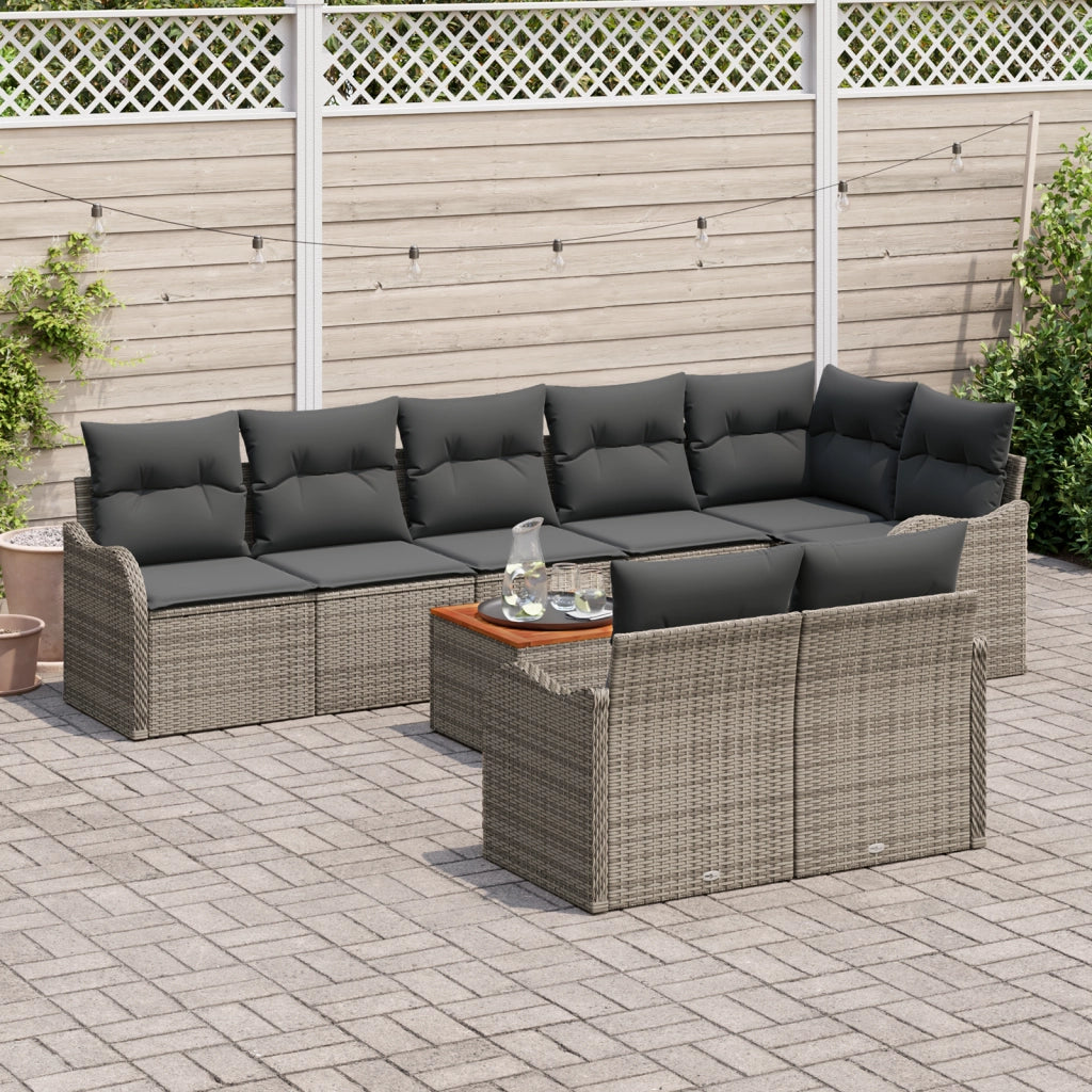 Set divano da giardino con cuscini grigio in polyrattan e acacia da 9 pezzi