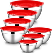 Set di miscelazione in acciaio inossidabile 7 pezzi con contenitore a stakky e coperchio ermetico - Rosso, resistente alla lavastoviglie - 65/45/3/25/15/12/07 l