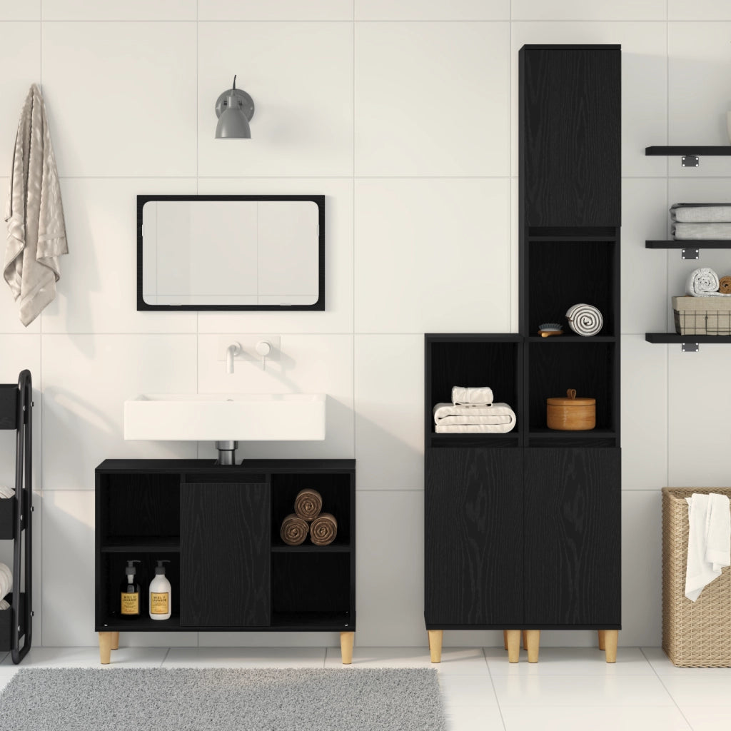 Set di Mobili da Bagno da 3 Pezzi  in Rovere Nero Legno Ingegnerizzato