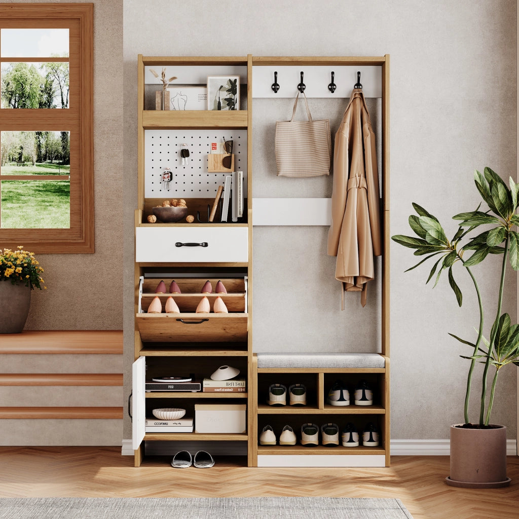 Mobile da ingresso con scarpiera, panca e vani aperti, 1 cassetto, in truciolato bianco e rovere 108.5 × 35 × 180 cm
