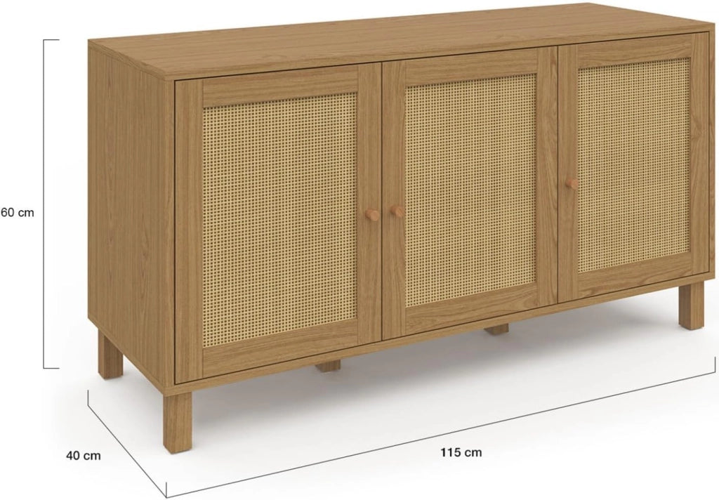 HANAE Aparador bajo vintage de 3 puertas con efecto caña natural 113 cm