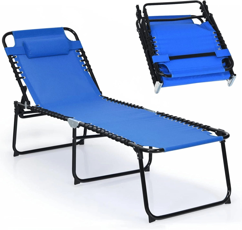 Lettino Prendisole, Lettino da Spiaggia Pieghevole, con Poggiatesta Rimovibile, Regolabili in 5 Posizioni, Sdraio Portatile con Piedini Antiscivolo, per Piscina, Giardino, Mare (Blue)