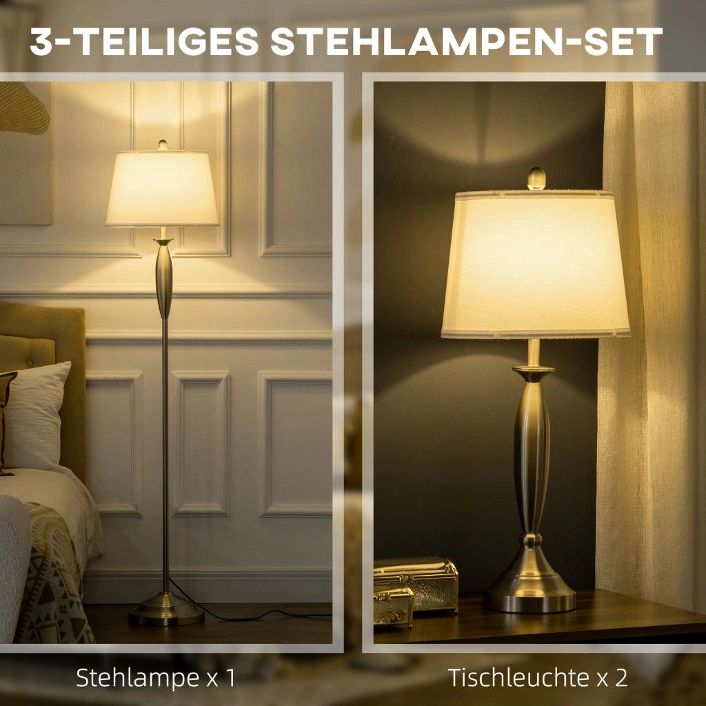 Set di 3 lampade: lampada da terra e 2 lampade da tavolo con attacco E27, argento e bianco, per soggiorno, camera da letto, illuminazione moderna