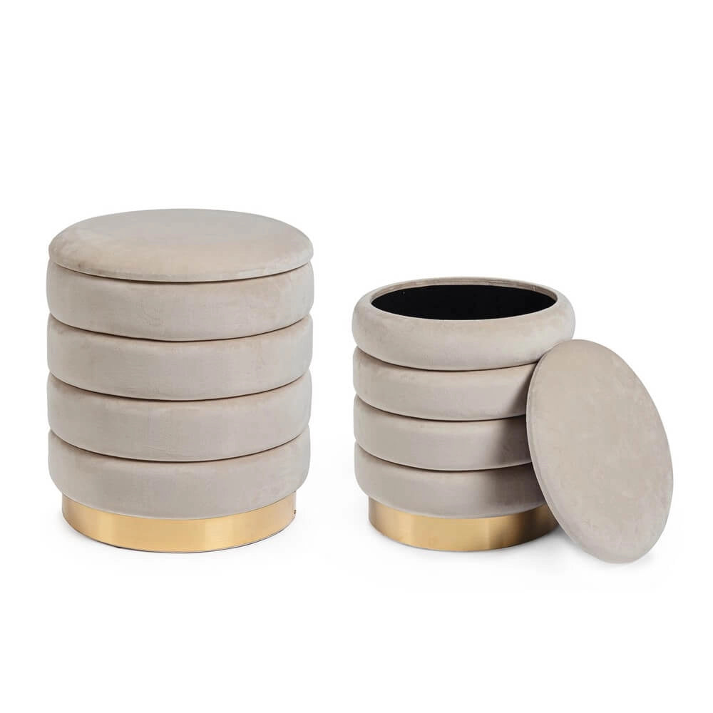 Set di 2 Pouf Contenitore Rotondi in Velluto con Base Dorata - TINI