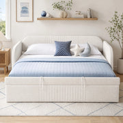 Divano letto imbottito allungabile 90/180x190 cm Beige con rete a doghe, tessuto in lino, senza materasso
