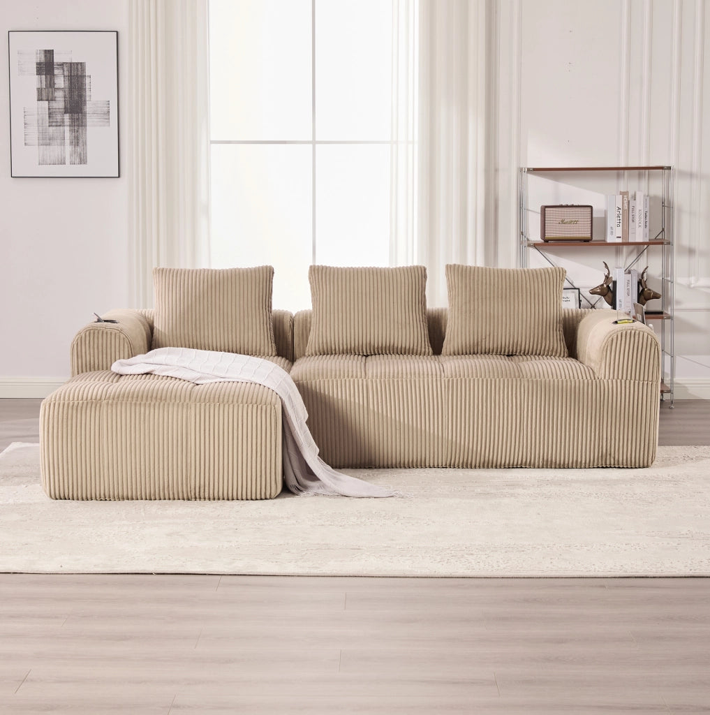 Divano modulare 253x158x61 cm con sistema combinabile DIY; tasche laterali e portabicchieri in corduroy khaki