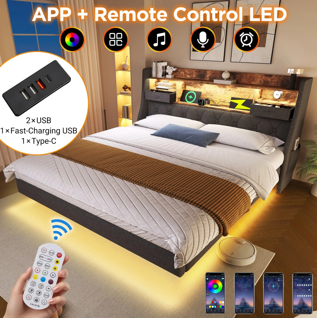 Letto imbottito 160x200 cm con LED; testiera con ripiano e ricarica USB Type-C; grigio