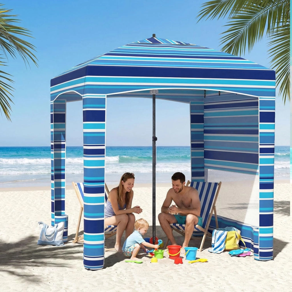Tenda da Spiaggia Pieghevole, Tenda da Mare con Parete Laterale Rimovibile e Borsa Portatile, Regolabile in Altezza, per Spiaggia, Campeggio e Picnic (Blu Scuro+Bianco, 185 x 185 cm)