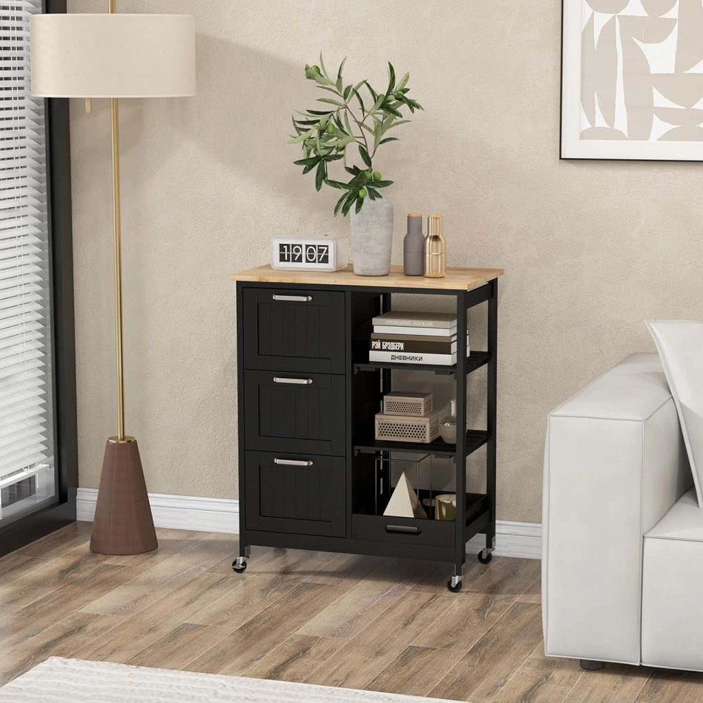 Carrello di Servizio con 4 Ripiani, Scaffale da Cucina con Rotelle, Mobiletto Cucina Salvaspazio con 3 Grandi Cassetti, 67x37x83,5 cm, 2 Colori (nero)