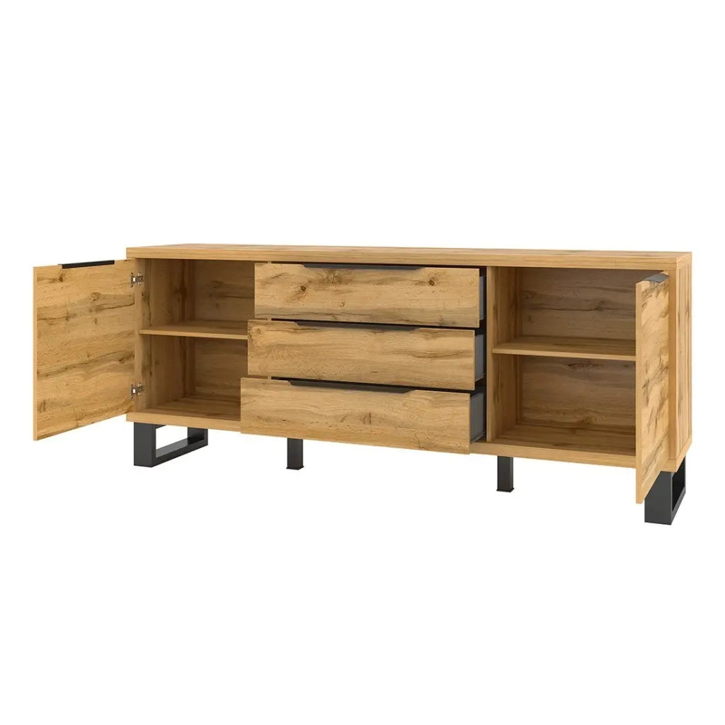 Buffet 2 porte 3 cassetti MILO – Rovere chiaro e nero – Stile industriale robusto
