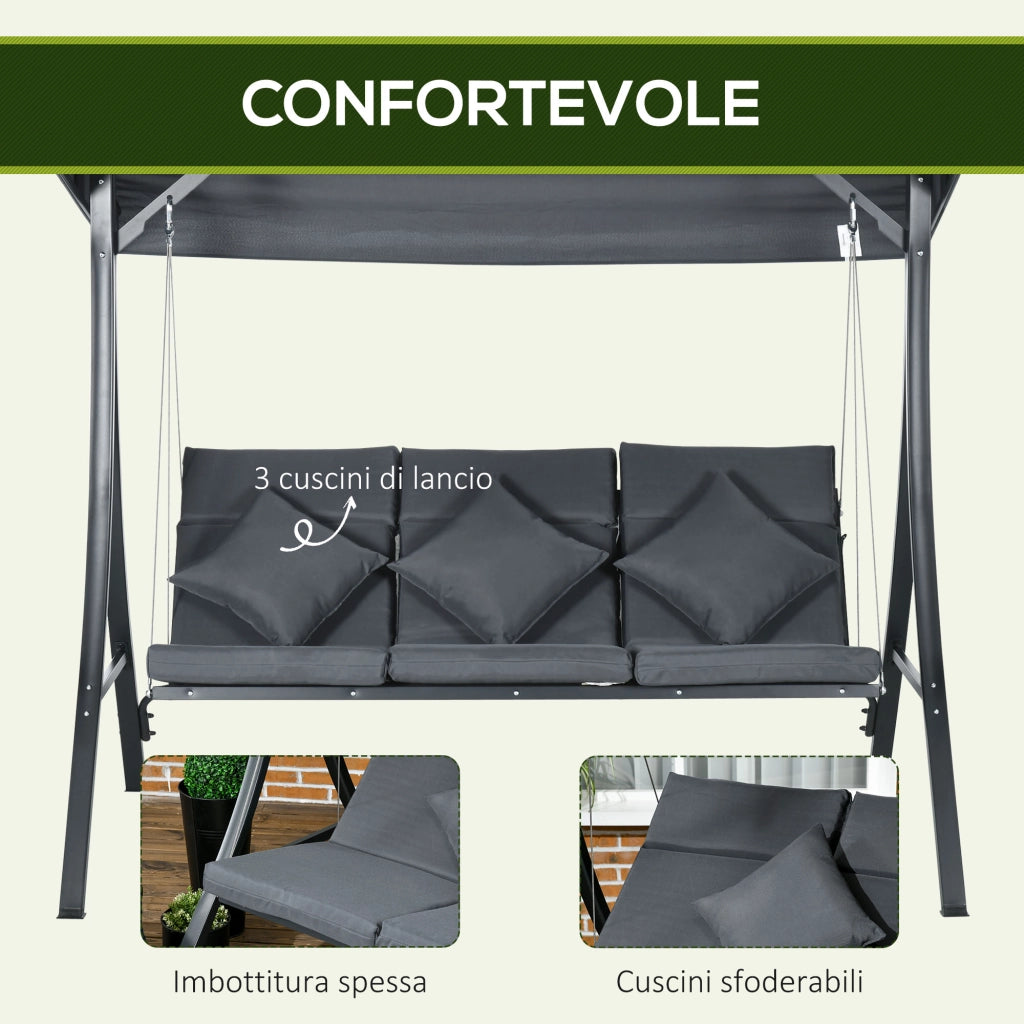 Dondolo da Giardino 3 Posti con Tettuccio ¨C Zephmum ¨C Grigio Scuro Acciaio Poliestere 202x115x168 cm