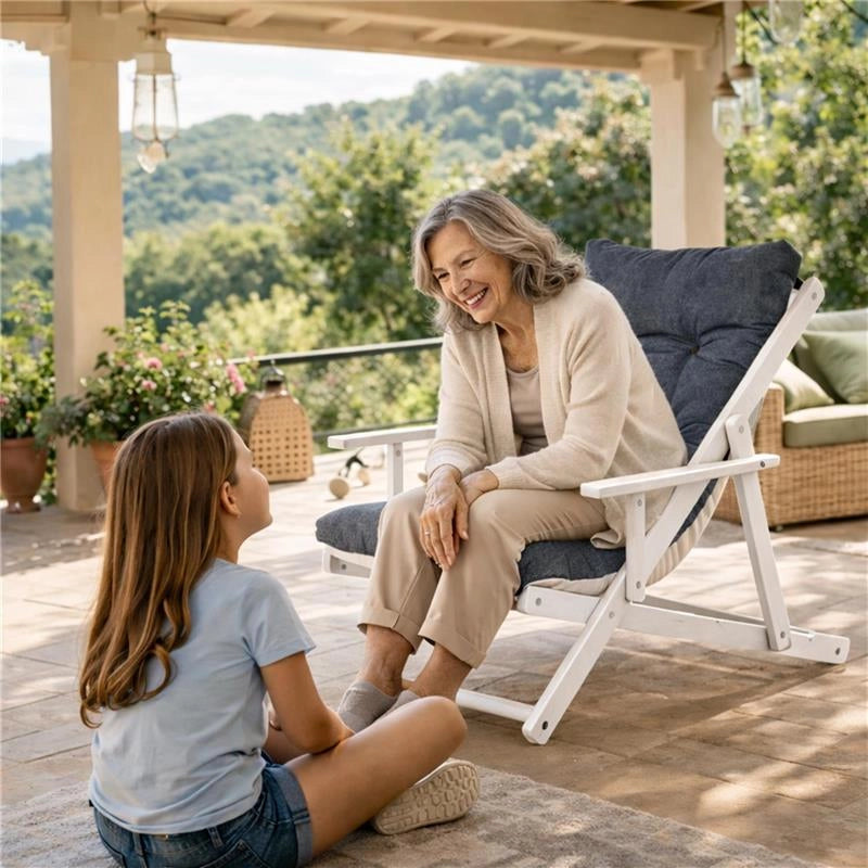 POLTRONA RELAX COMODONA IN LEGNO TELAIO BIANCO ANILINA E TESSUTO BLU JEANS 3 POSIZIONI
